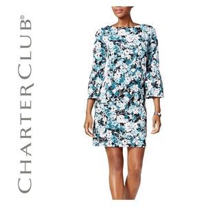 Charter Club NWT Floral Print Bell Sleeve Shift Dress Teal Blue Petite XL
